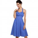 ACEVOG Women Blue Halter Sleeveless Polka Dot Backless High Waist Swing Dress (X-Large)