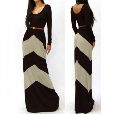 Women's Khaki Long Sleeve Slim Maxi Dress With Belt (Large)