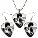 Jimi Hendrix Guitar Pick Plectrum Playable Earrings & Necklace Set Licensed Live Performance A