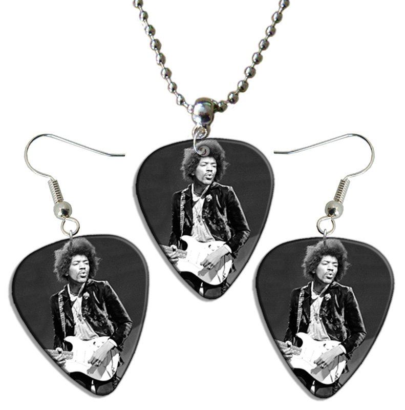 Jimi Hendrix Guitar Pick Plectrum Playable Earrings & Necklace Set