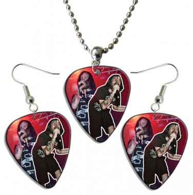 The Used Guitar Pick Plectrum Playable Earrings & Necklace Set Licensed Live Performance B