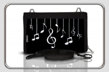 genuine black suede clutch bag &organizer with musical embroidery motif