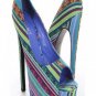 Blue Striped 6 in Stiletto open toe Platform Pumps stripper heels sz 10 Delicacy
