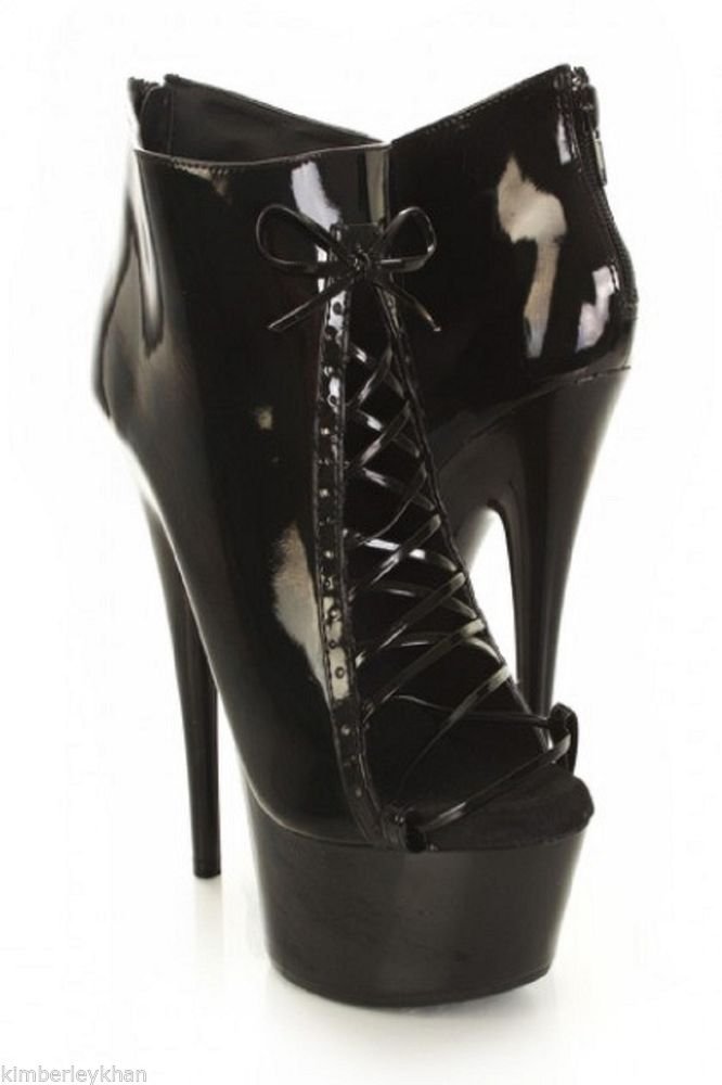 black stiletto Lattice Platform Stripper High heel fashion ankle boots ...