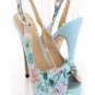Blue Floral Print Rhinestone bow platform peep Sandals Slingback High Heels sz 5
