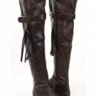 Brown Leather faux buckle strap Fringe riding over Knee High Thigh Boots sz 7.5