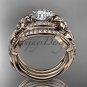 14kt rose gold diamond leaf and vine engagement ring with double matching band ADLR211