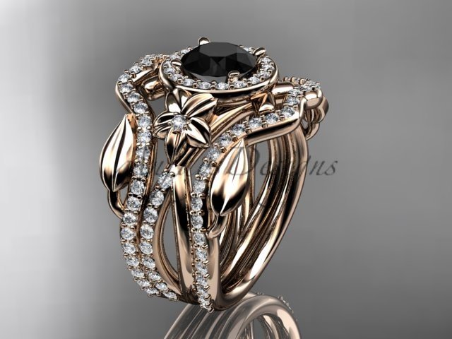 14kt rose gold engagement ring, with Black Diamond center stone and double matching band ADLR89S