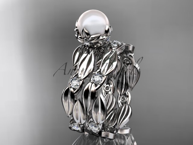 14k white gold diamond pearl vine and leaf engagement set AP58S