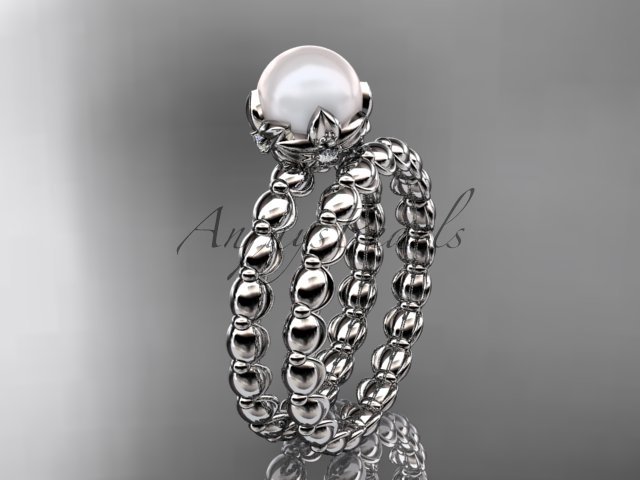 14kt white gold diamond leaf and vine, floral pearl wedding set, engagement set AP34S