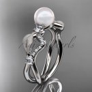 14k white gold diamond pearl vine and leaf engagement ring AP68