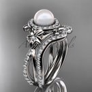 14k white gold diamond pearl vine and leaf engagement set AP89S