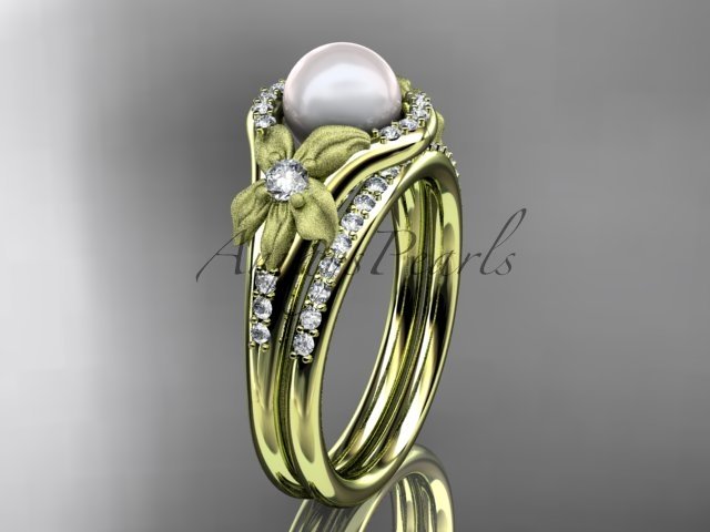14k yellow gold diamond pearl vine and leaf engagement set AP91S
