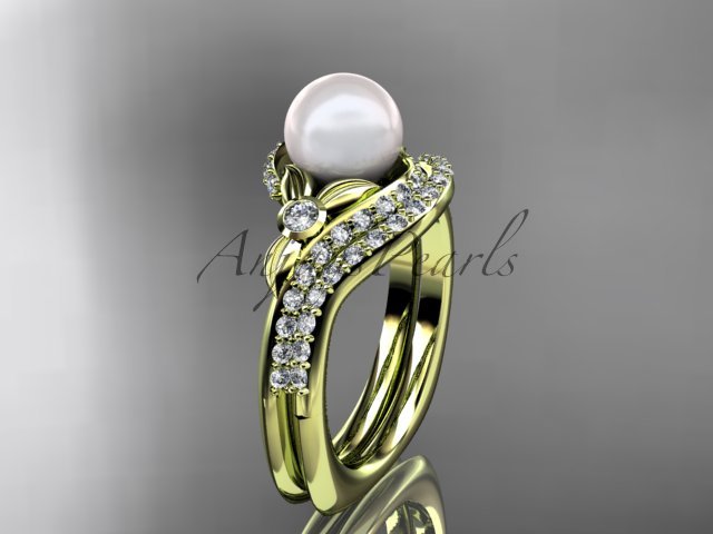 14k yellow gold diamond pearl vine and leaf engagement set AP112S