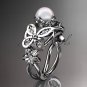 14kt white gold diamond pearl unique engagement ring, butterfly wedding ring AP136