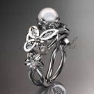 Platinum diamond pearl unique engagement ring, butterfly wedding ring AP136