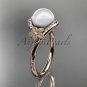 14k rose gold diamond leaf and vine, floral pearl wedding ring, engagement ring AP166