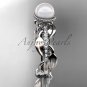 Platinum diamond pearl, leaf and vine engagement ring AP231