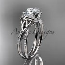 14kt white gold diamond celtic trinity knot engagement ring with a Moissanite center stone CT7155