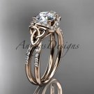 14kt rose gold diamond celtic trinity knot engagement ring with a Moissanite center stone CT7155