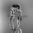 14kt white gold diamond celtic trinity knot engagement ring with a Black Diamond center stone CT7155