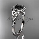 14kt white gold diamond celtic trinity knot engagement ring with a Black Diamond center stone CT7179