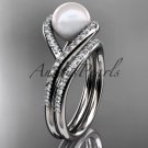 14kt white gold diamond pearl unique engagement set, wedding ring AP383S