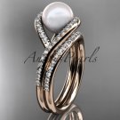 14kt rose gold diamond pearl unique engagement set, wedding ring AP383S