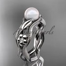 Platinum  diamond pearl flower, leaf and vine engagement ring AP382