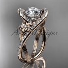 14k rose gold leaf and flower diamond engagement ring with a Moissanite center stone ADLR369