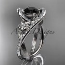 14k white gold leaf and flower diamond engagement ring with a Black Diamonde center stone ADLR369