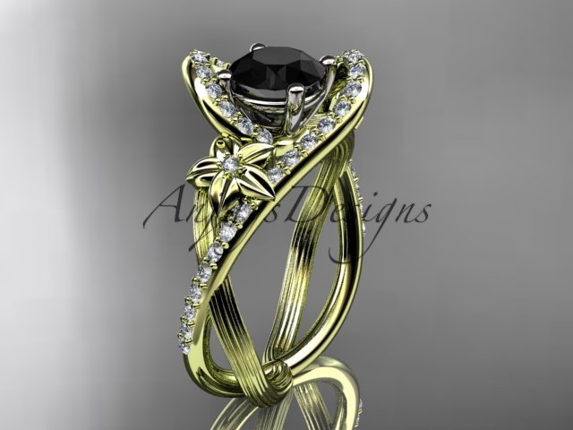 14k yellow gold leaf and flower diamond engagement ring with a Black Diamonde center stone ADLR369