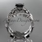 14k white gold diamond floral wedding ring, engagement set with a Black Diamond center stone ADLR238