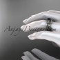 14k white gold diamond floral wedding ring, engagement set with a Black Diamond center stone ADLR238