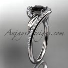 14k white gold diamond leaf  engagement ring with a Black Diamond center stone ADLR317