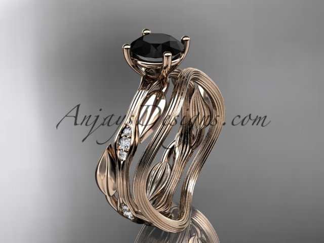14k rose gold diamond wedding ring set, engagement ring set with Black Diamond center stone ADLR31S