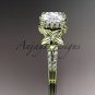 14kt yellow gold diamond floral wedding ring, engagement ring with cushion cut moissanite ADLR148