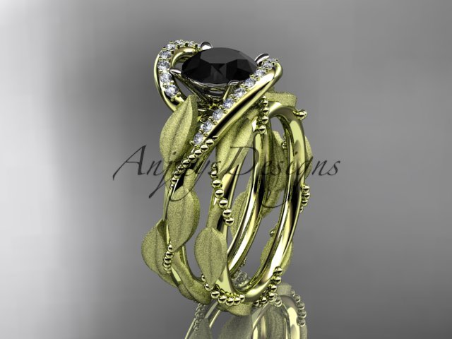 14kt yellow gold diamond leaf and vine engagement set with a Black Diamond center stone ADLR64S