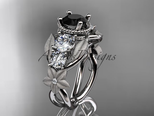 14kt white gold diamond floral, leaf and vine engagement ring with Black Diamond center stone ADLR69