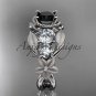 14kt white gold diamond floral, leaf and vine engagement ring with Black Diamond center stone ADLR69