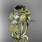 14k yellow gold diamond floral, leaf and vine engagement ring with Black Diamond center stone ADLR69