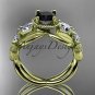 14k yellow gold diamond floral, leaf and vine engagement ring with Black Diamond center stone ADLR69