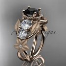 14k rose gold diamond floral, leaf and vine engagement ring with Black Diamond center stone ADLR69
