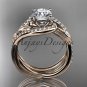 Unique 14kt rose gold diamond leaf and vine wedding set, engagement set ADLR222
