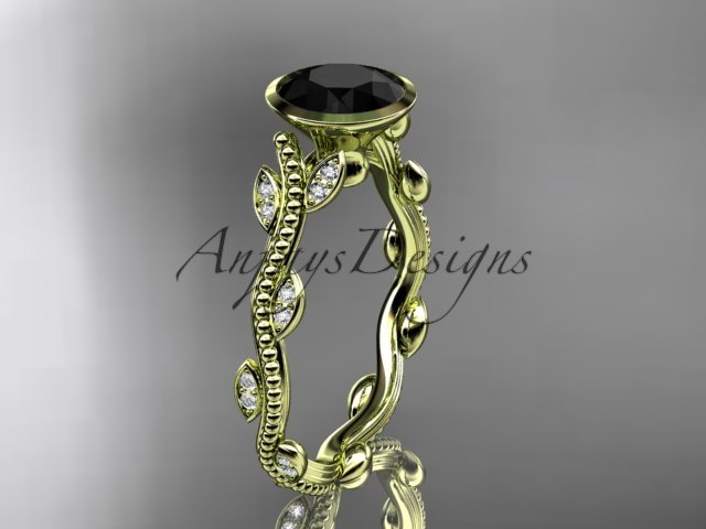 14k yellow gold diamond leaf and vine engagement ring with Black Diamond center stone ADLR33