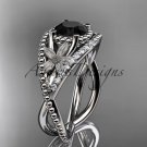 14kt white gold diamond floral wedding ring, engagement ring with Black Diamond center stone ADLR88