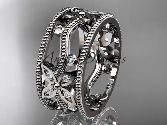 14kt white gold diamond leaf and vine wedding ring, engagement ring, wedding band ADLR9B