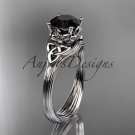 14kt white gold diamond celtic trinity knot engagement ring with a Black Diamond center stone CT7240