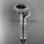 14kt white gold diamond floral engagement ring with a Black Diamond center stone ADLR101S