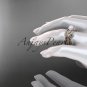14k rose gold diamond pearl leaf engagement ring with double matching band AP68S